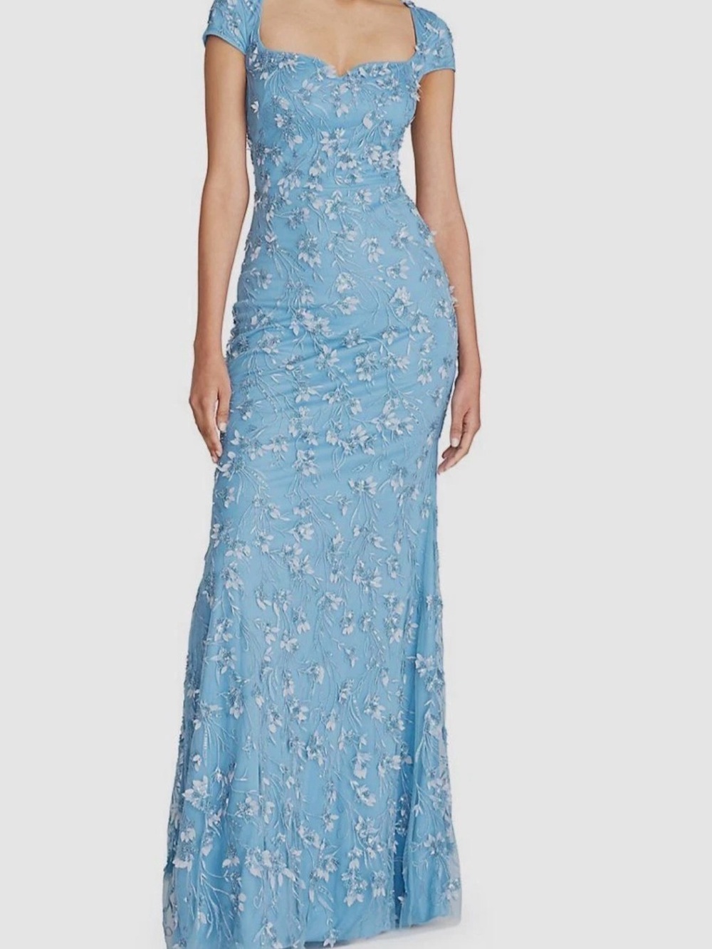 Theia Light Blue Floral Embroidered Maxi Gown